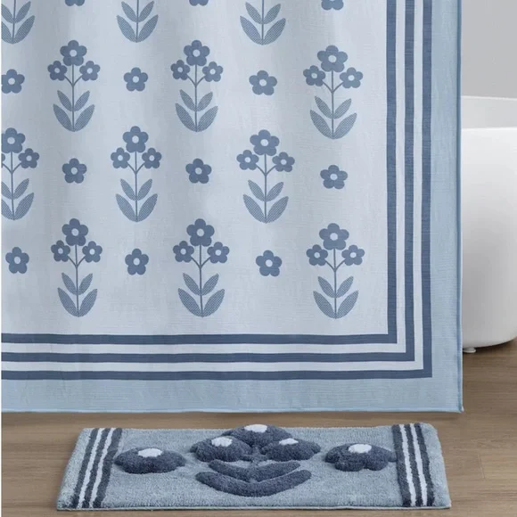 Caro Home 2pc Floral Print Shower Curtain & Bath Rug With Contrasting Border Set - Picture 6 of 10